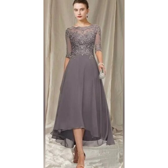 Elegant Gray Lace Half-Sleeve High-Low Evening Dress Size 10 - Picture 1 of 13